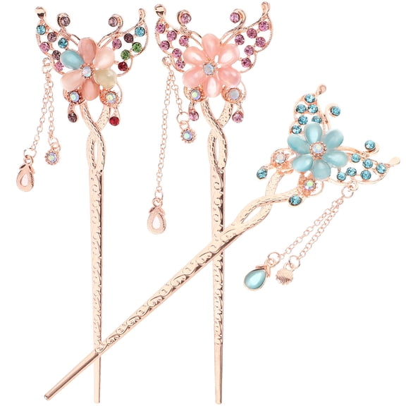 LULULION 3pcs Vintage Hair Sticks For Prom Blue Alloy Hair Accessories For Women