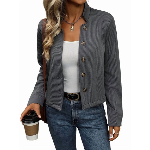 Women Winter Jacket Stand Collar Long Sleeve Short Shacket Casual Outerwear Dark Gray XL