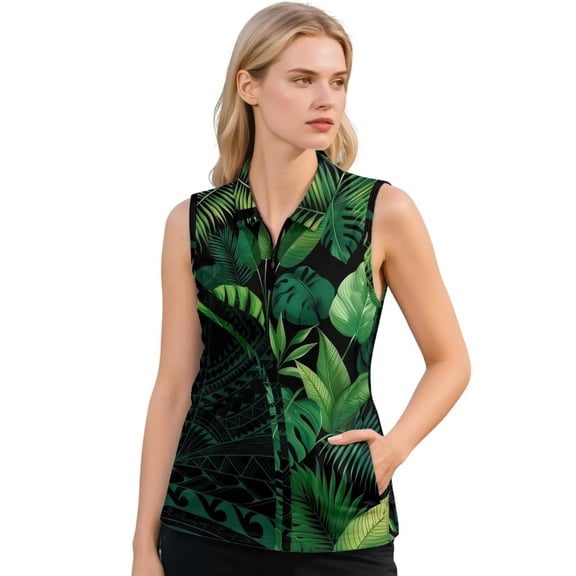 KEIAHUAN Polynesian Womens Sleeveless Golf Shirts Quick Dry Smooth V Neck Palm Leaves Athletic Shirts Comfortable Stretchy Tennis Shirts Racerback Tennis Tops with Pockets