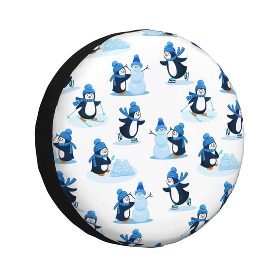 Fuzoiu Penguin Winter Fun Print Universal Spare Tire Cover with Buckle Strap, Waterproof Wheel Covers for Jeep, Trailer, RV, Truck and All Car-14 inch