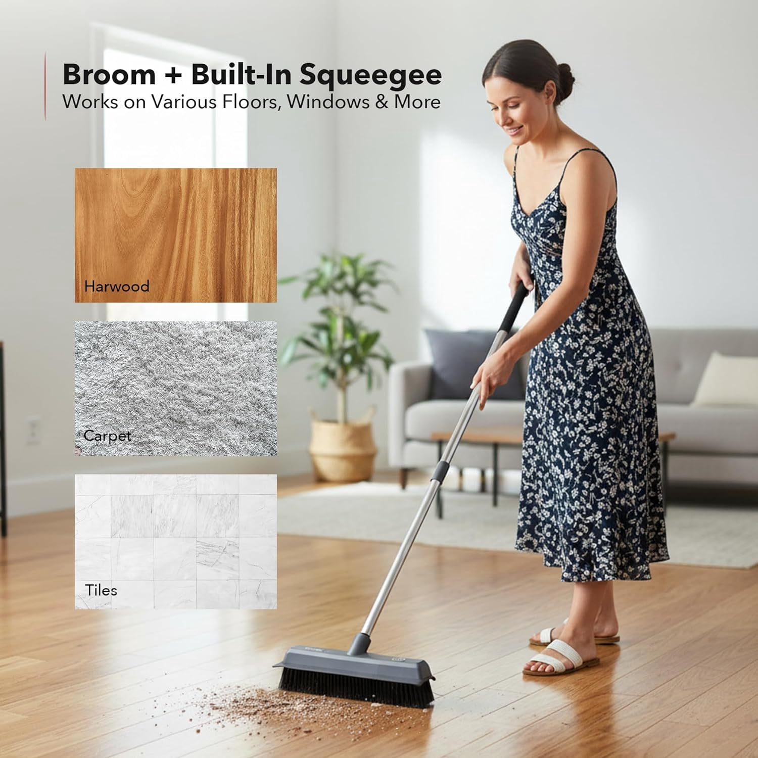 OVENTE Carpet Rake Rubber Broom for Pet Hair Removal with Squeegee, Detailing Lint Fur Remover Brush, Dustpan and 50” Handle, Cleaning Tools Set for Rug, Hardwood Floor, Tile and Window, Grey CT2504G