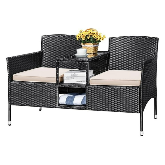 Outdoor Patio Loveseat Modern Rattan 2-Seat Patio Conversation Set with Cushions & Built-in Coffee Table Porch Furniture for Garden Lawn Backyard (Beige)
