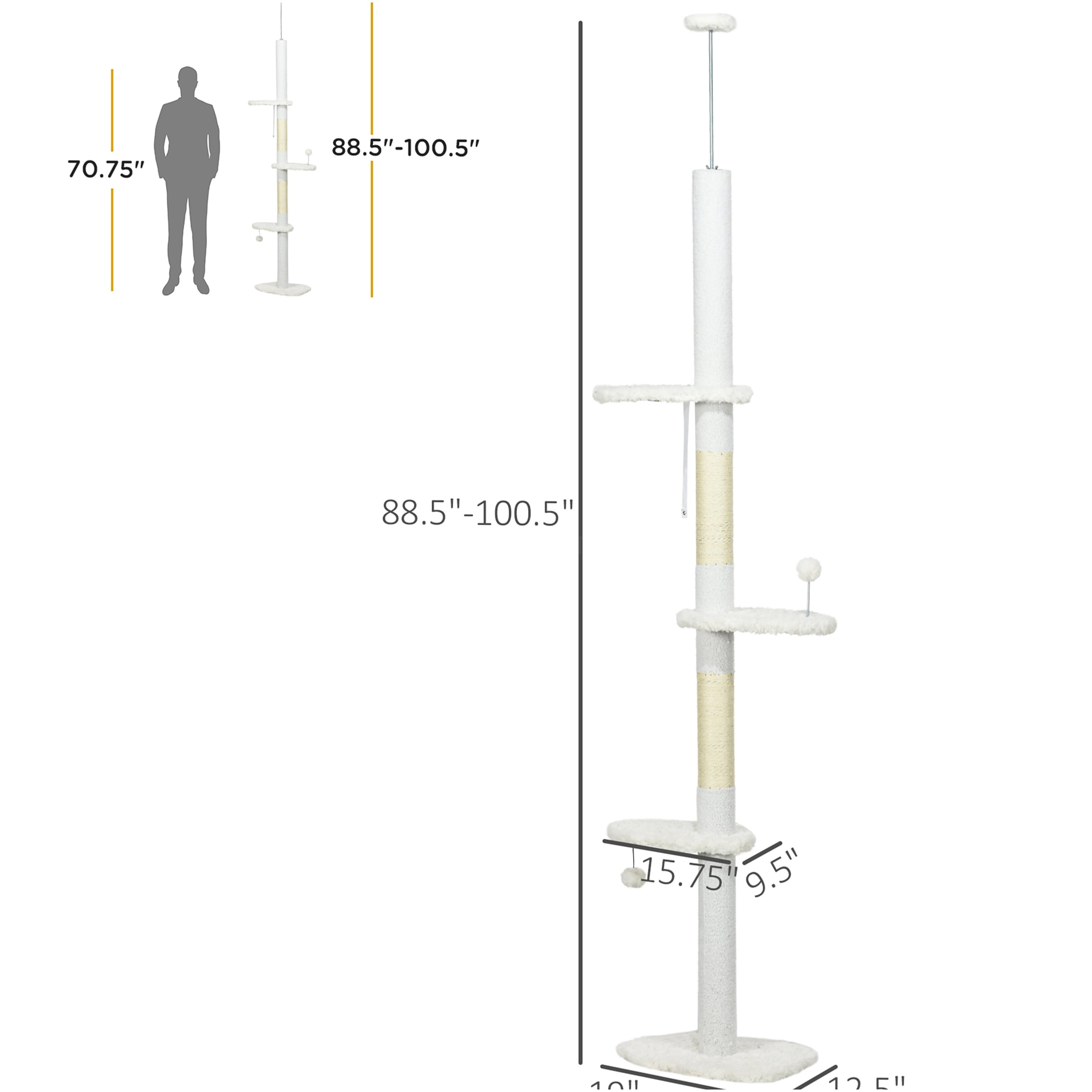 JERFIT Adjustable Floor to Ceiling Cat Tree, 88.5"-100.5" Tall Cat Tower with Scratching Posts, Cloud Perches, Hanging Toys & Anti-Tip Safety Wall Mount for Indoor Cats, White