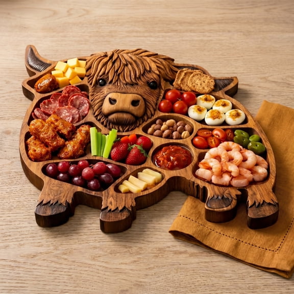 Highland Cow Wooden Charcuterie Board – Rustic Farmhouse Animal Themed Serving Tray with Compartments for Cheese, Meat, Fruit & Snacks – Handcrafted Food Board