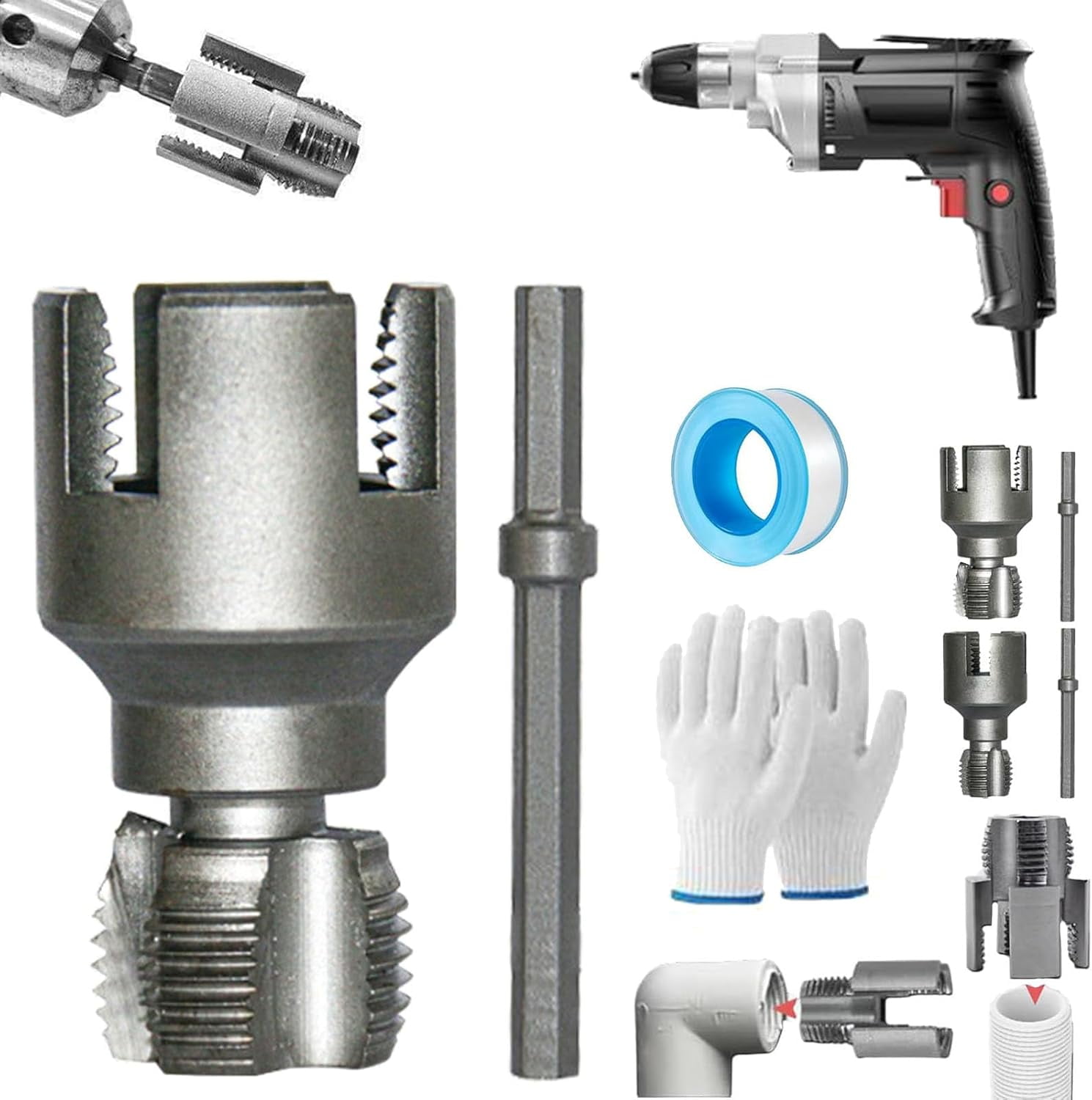 Integrated Internal & External Pipe Threading Tool, Pipe Thread Cutting Tool, Electric Drill Compatible Pipe Threader Kit, Pipes Thread Maker Tooll for Cutting & Pipe (1/2" (DN15) Pipe)