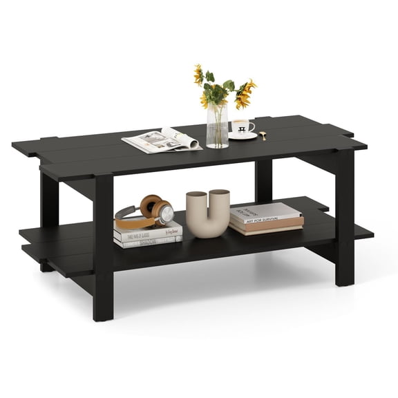 Barara King 2-Tier Slatted Wood Coffee Table with Storage Shelf, Dining Center Table for Living Room, Bedroom, Home Office, Black