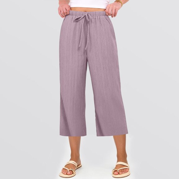 Capri Pants for Women Summer Loose Palazzo Wide Leg Trousers Drawstring Casual Flowy Pull On Capris with Pockets Pink 2XL
