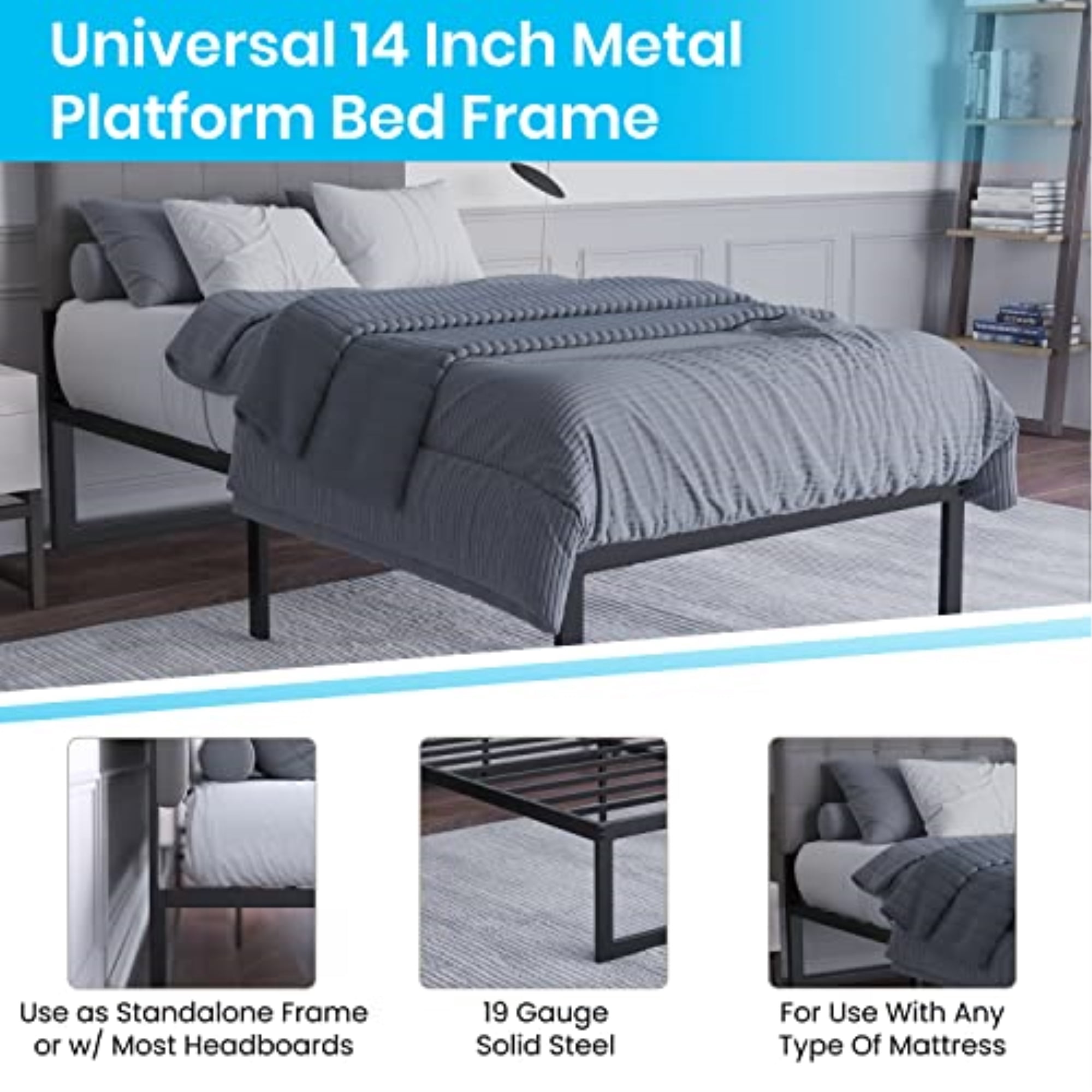 Flash Furniture Modern Steel Platform Bed Frame, Black, Twin