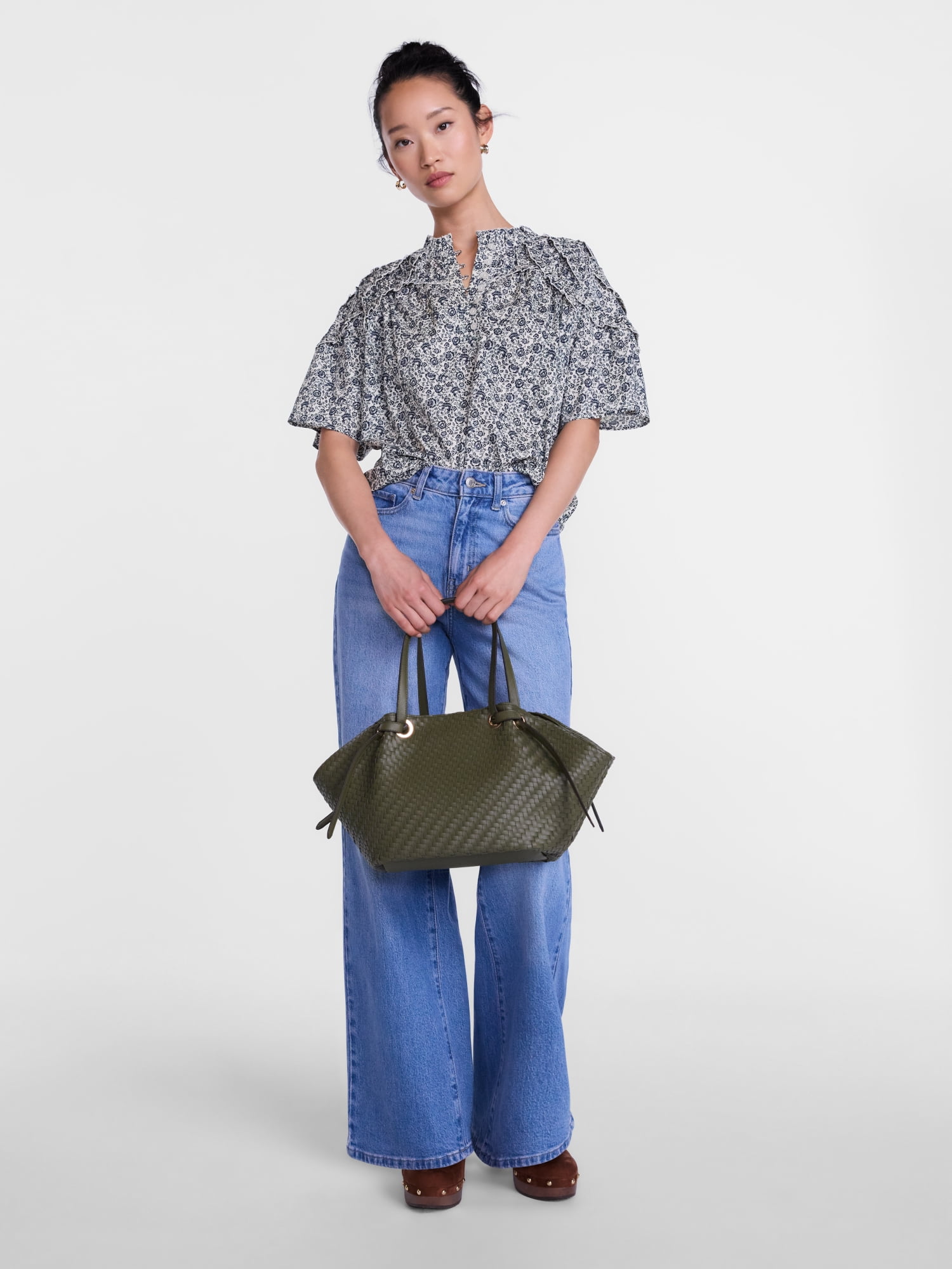 Scenario Women's Gathered Cotton Voile Top with Short Sleeves, Size XS-XXXL