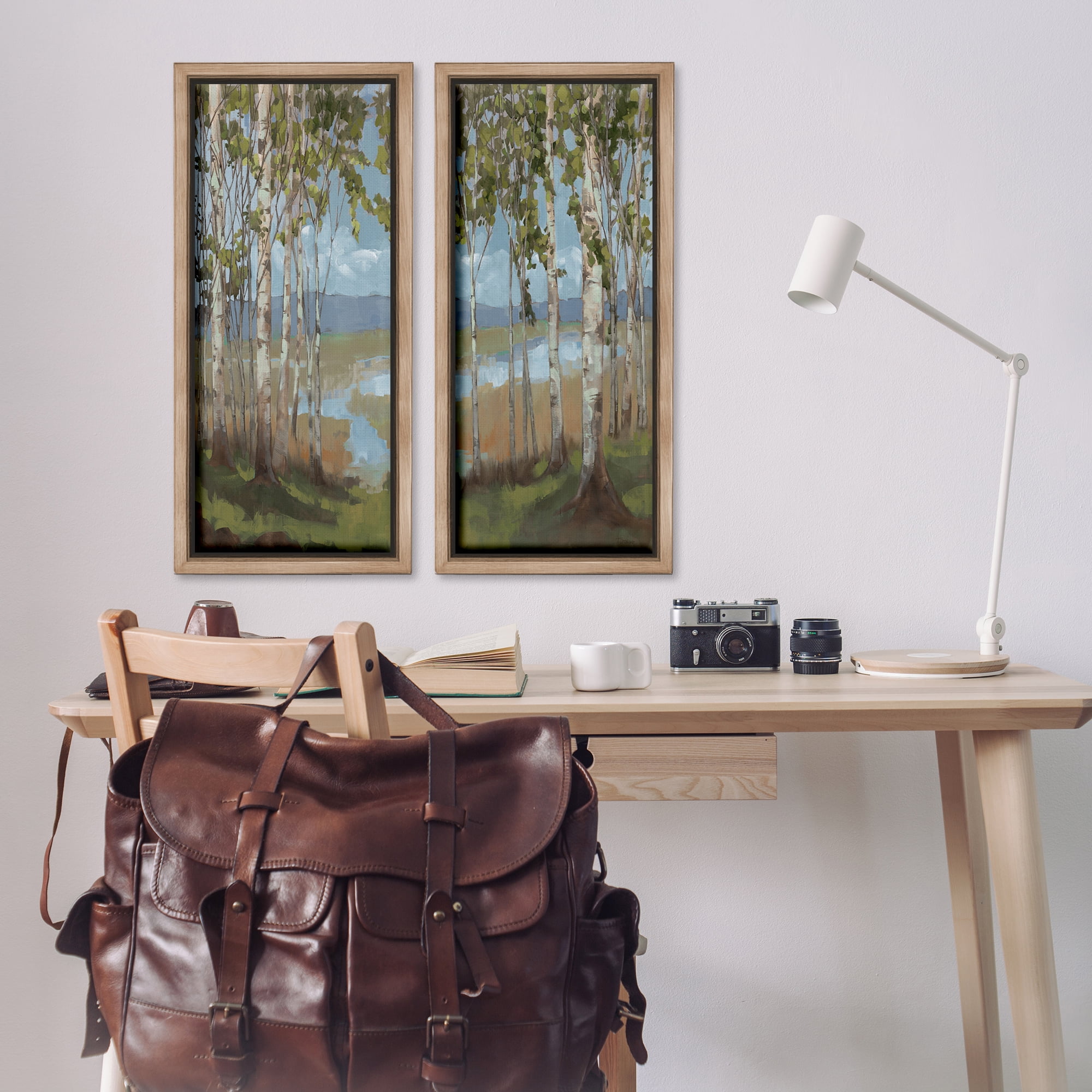 Stupell Industries White Birch Copse of Trees Landscape & Nature Painting Brown Floater Framed Canvas Art Print Wall Art, 14 x 31, Set of 2