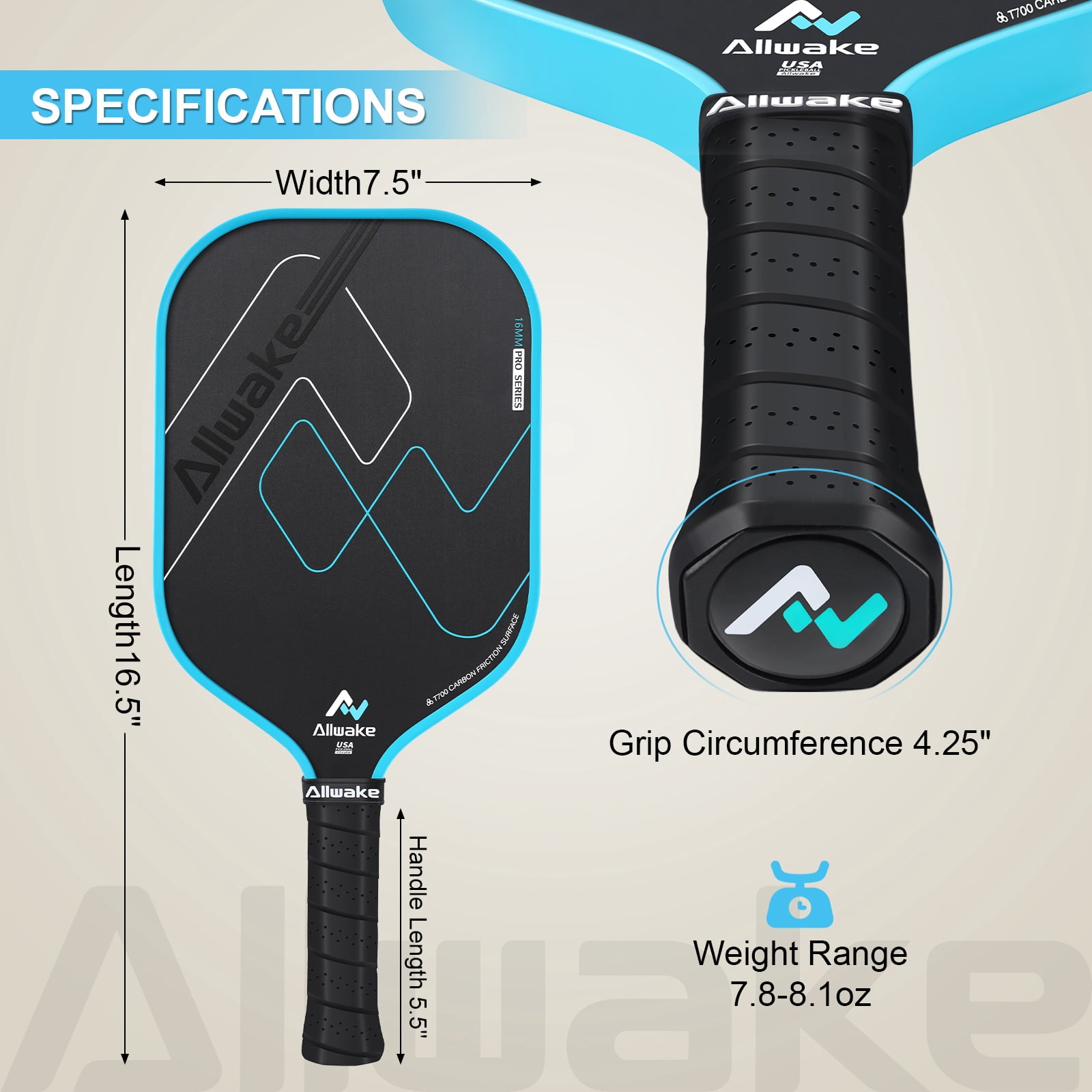 ALLWAKE Pickleball Paddles, Multi-Layer T700 Textured Carbon Fiber Pickleball Paddle, USAPA Approved Pickle Ball Paddle, Strong Power and Spin Surface