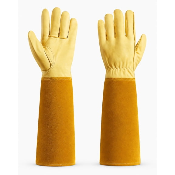 Long-Gardening-Gloves for Women/Men - Thorn Proof Cowhide Leather Rose/Blackberry Pruning Heavy Duty Gloves Thick Palm Gauntlet Garden Work Gloves with Forearm Protection (Yellow-Medium)