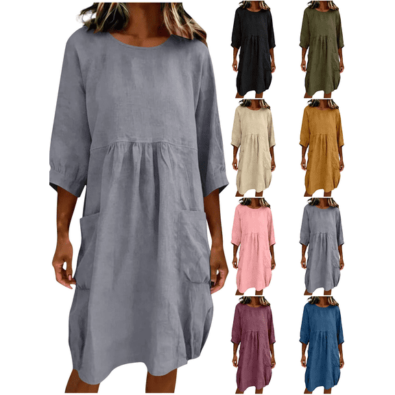 FEIIBMOYRIA Women Round Neck Dresses Women's Cotton-Linen Blend Long Sleeve Midi Dresses Gathered 3/4 Sleeves High Waist Loose Comfy A‑Line Daily Outwear Dresses
