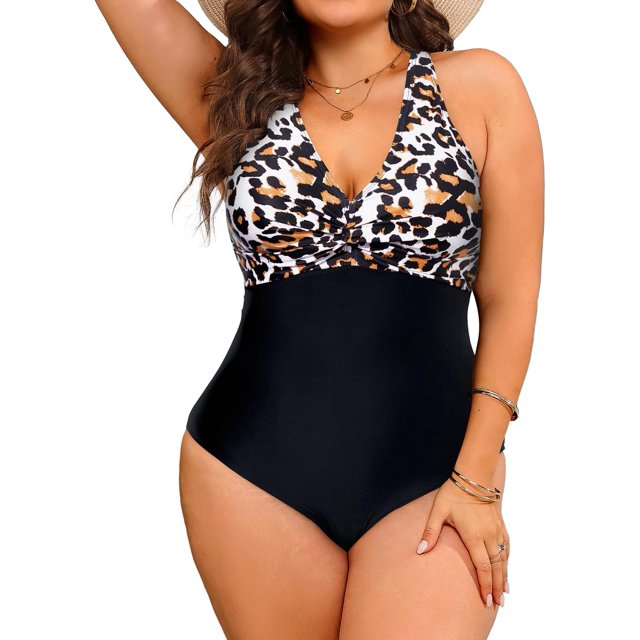 GFDYREE Women Plus Size One Piece Swimsuits V Neck Tummy Control Bathing Suits Front Cross Swimwear