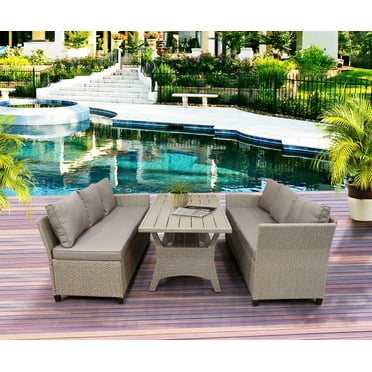 Sectional Patio Conversation Dining Set, SEGMART Newest 3 Pieces Modular Wicker Furniture Set with Removable Cushions & Dining Square Wood Top Table for Porch, Backyard, 705lbs, Brown, S7026