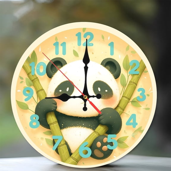 Cute Panda Wall Clock with Bamboo Design And Numeric 10-Inch Silent Wooden Wall Clock, Battery Operated (AA Batteries Not Included), Artistic Home Decor