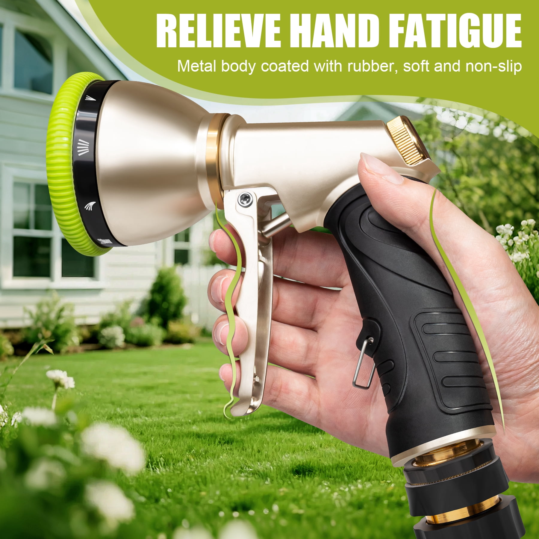 WEXLYN 9-Pattern Hose Sprayer Nozzle, Heavy Duty Metal, High Pressure for Watering Plants, Lawns, Car and Pet Washing Adjustable Flow, Green