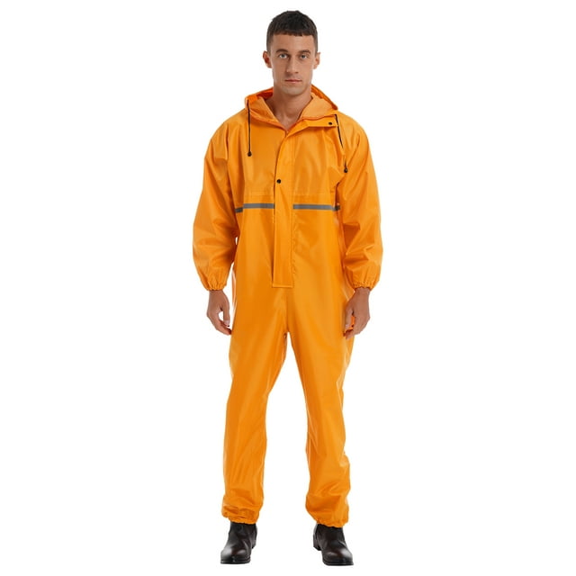 Linjinx Men's Motorcycle Rain Suit One Piece Hooded Waterproof Jumpsuit Reflective Strip Rainsuit Yellow 165/M