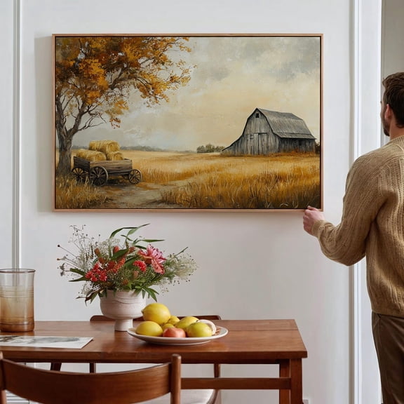 Rustic Barn, Autumn Farmhouse Landscape, Vintage Hay Wagon Print, Cozy Country Decor, Harvest Season Painting Wall Art, Modern Wall Decor, 8x12 UNFRAMED