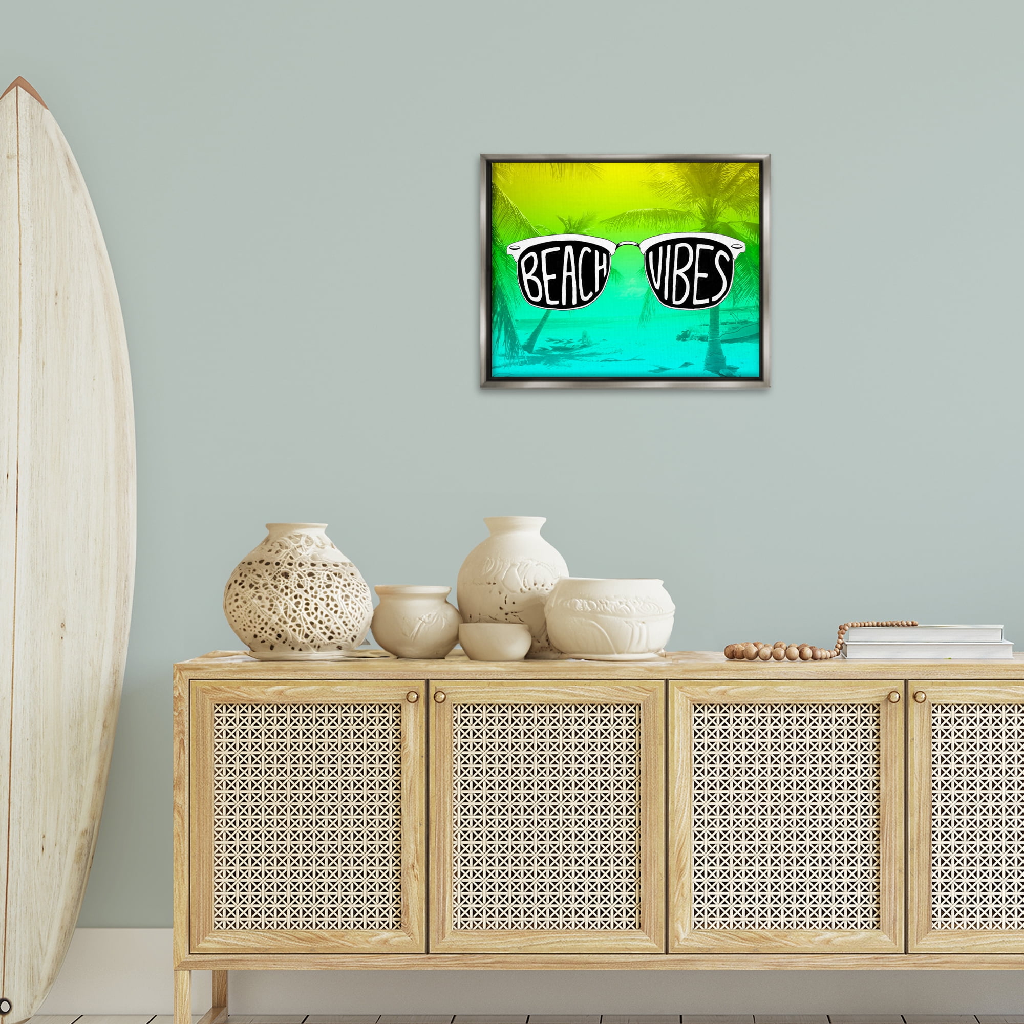 Stupell Industries Beach Vibes Sunglasses Typography Painting Gray Floater Framed Canvas Art Print Wall Art, 21 x 17