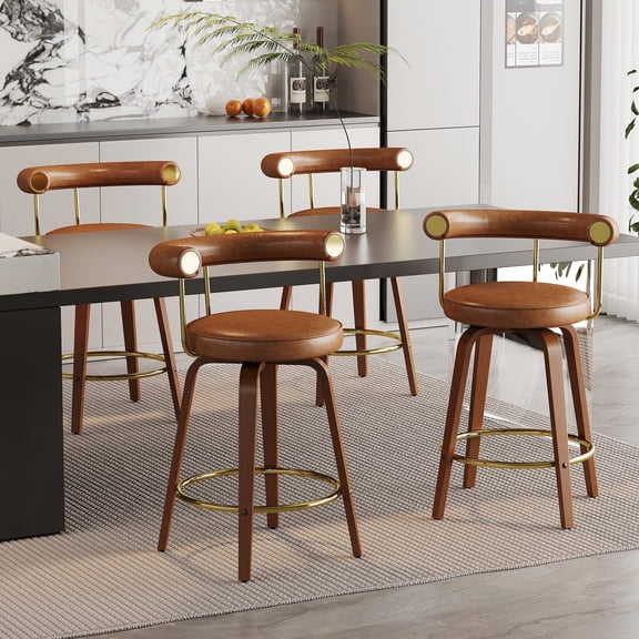LAZZO Set of 4 Mid-Century Bar Stools, 26" Counter Height with Wood Legs, Brown