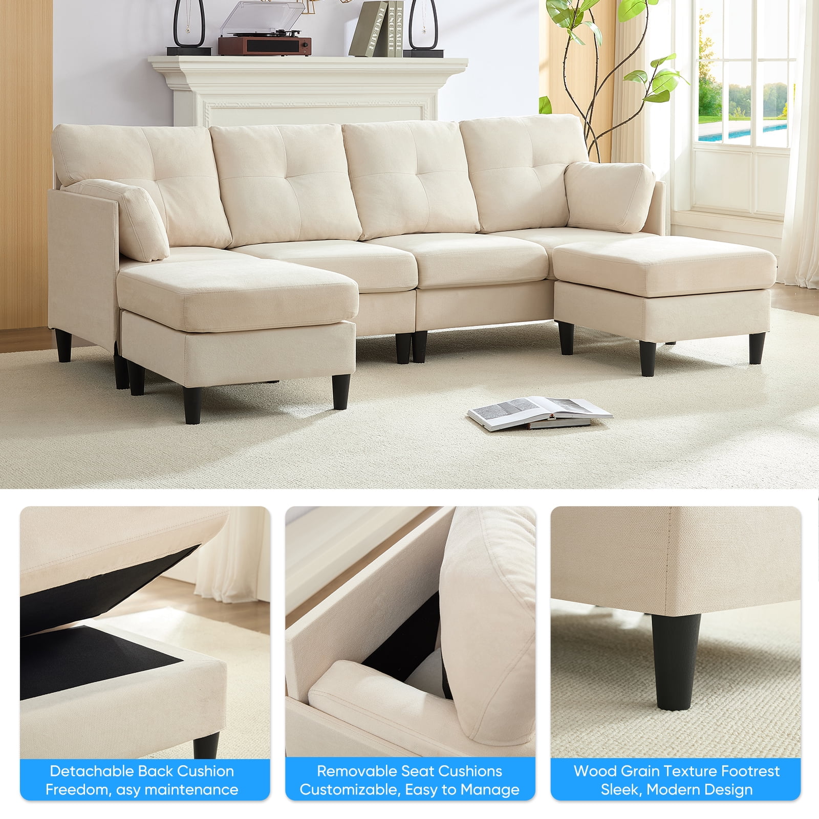 ijuicy Convertible U/L Shaped Sectional Sofa with Chaises , 6 Seater Couch for Living Room, Beige