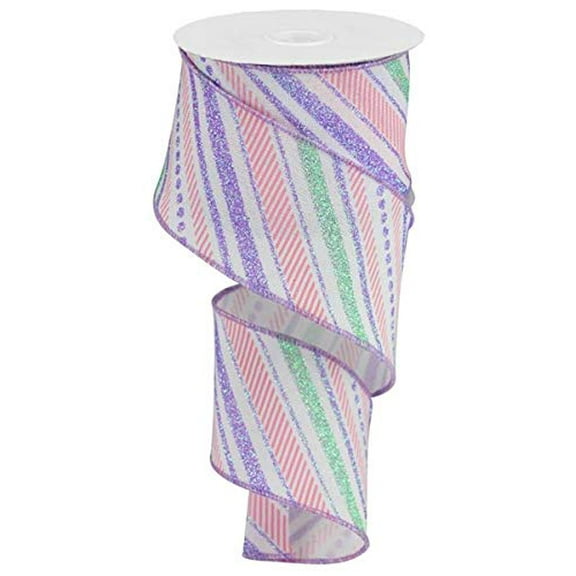Glitter Diagonal Plaid Spring Ribbon: White Mint Lavender Light Pink (2.5 Inches x 10 Yards)