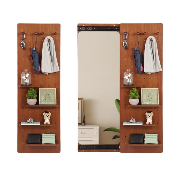 Multifunctional Wall Mounted Full Length Mirror with Shelf and Hook, Durable Rubber Wood Frame, 47.6*15.7in