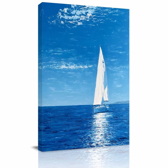 Canvas Wall Art, Summer Coastal Sailboat Framed Canvas Prints for Hallway Living Room, Nautical Ocean Horizon Blue Extra Large Gallery Wrapped Wall Decor for Home Office, Gifts, 20"x30" Ship Next Day