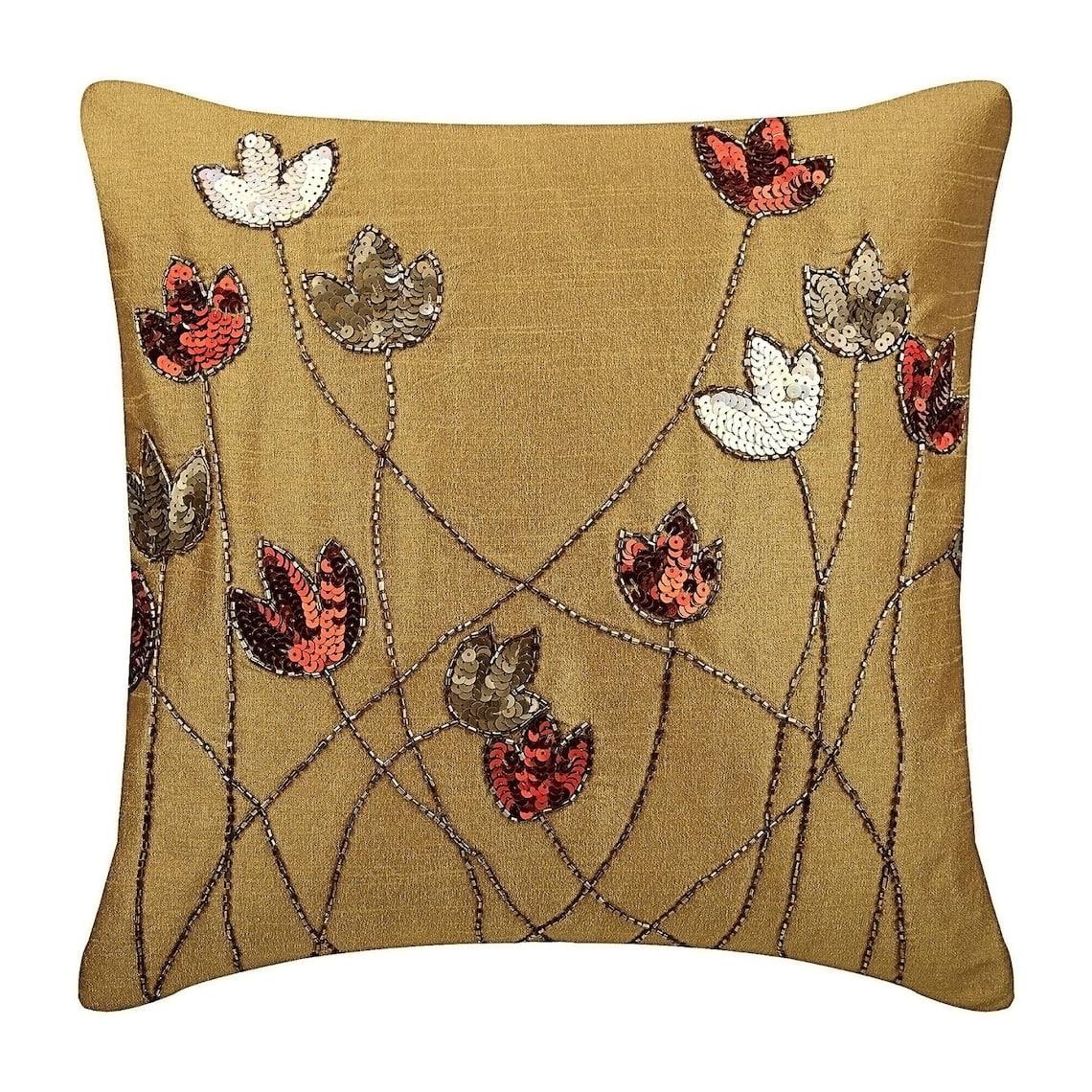 Decorative Pillow Cover, Gold Pillow Shams, Sequins & Beaded Tulip