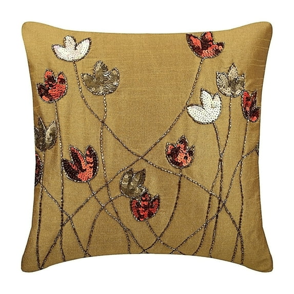 Decorative Pillow Cover, Gold Pillow Shams, Sequins & Beaded Tulip Flower Floral Theme Pillow Shams, 24x24 inch (60x60 cm) Pillow Shams, Square Silk Pillow Sham - Tulip Sparkle