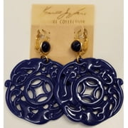 Kenneth Jay Lane Gold Plated Lapis Blue Resin Carved Drop Wire Pierced Earrings