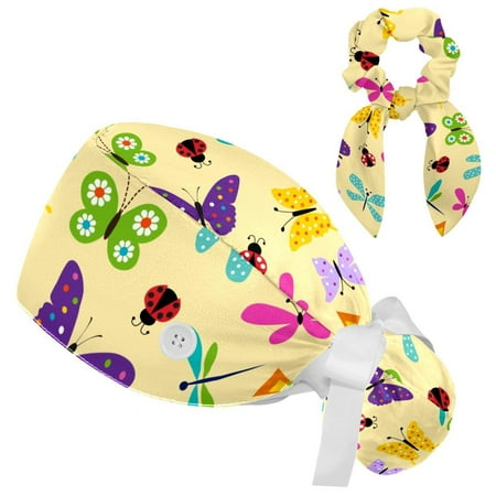 

Working Cap with Buttons and Sweatband Scrub Hat Bouffant Caps with Scrunchie Butterfly Tie Back Hats