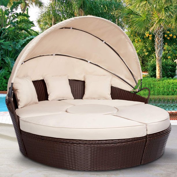 Outdoor Patio Round Daybed With Retractable Canopy Images