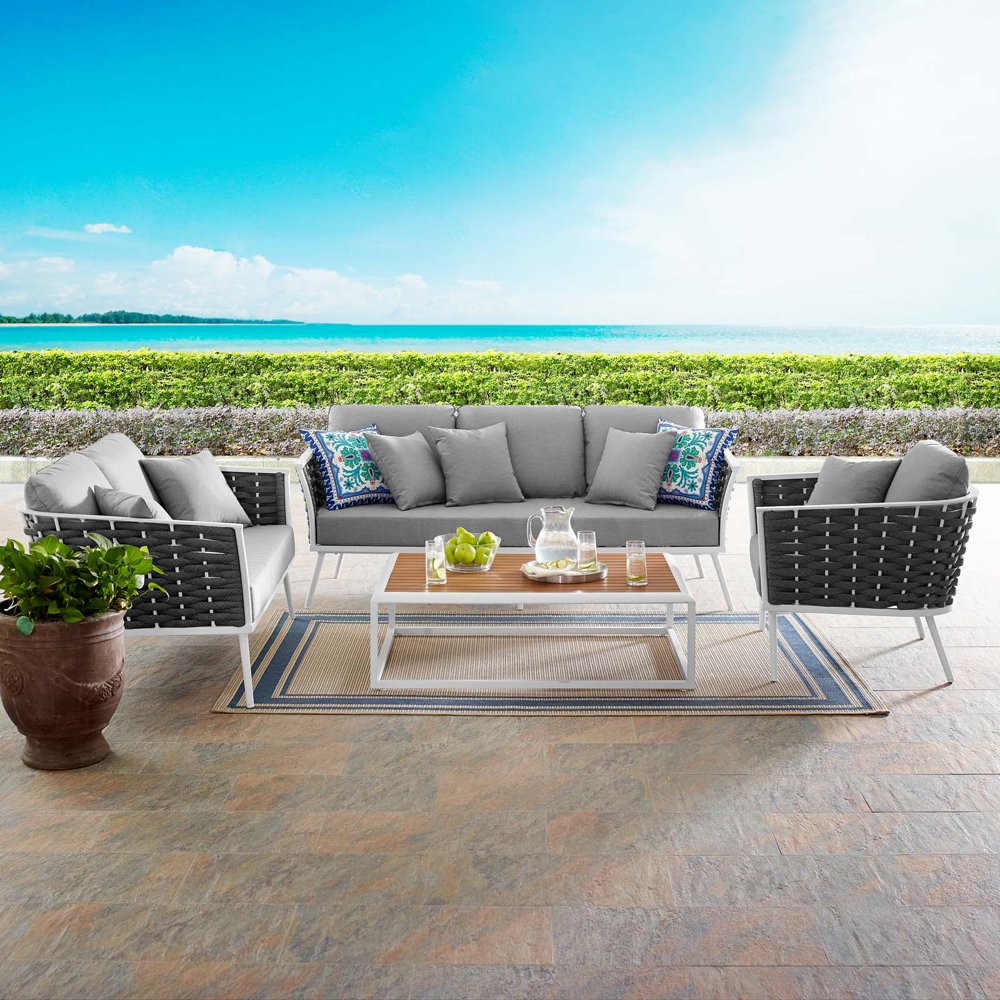 Stance 4 Piece Outdoor Patio Aluminum Sectional Sofa Set in White Gray