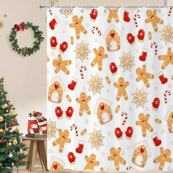 Christmas Gingerbread Shower Curtain, White Xmas Cute Gingerbread Man House Snowflake Winter New Year Holiday Bathroom Curtain Waterproof Fabric Machine Washable with Hooks, 36" Wx72 L