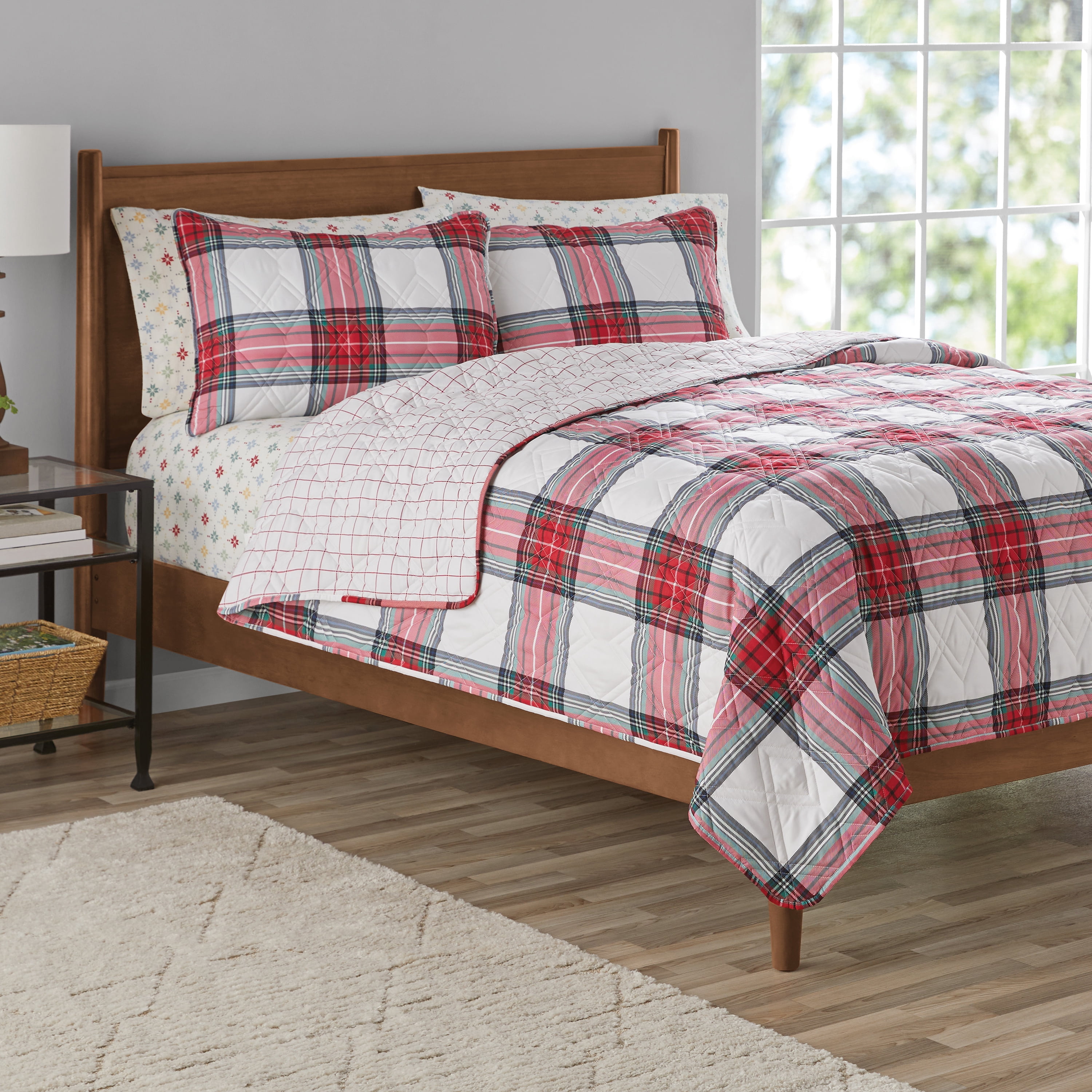 Mainstays 3-Piece Adult Quilt Set, Red Tartain Plaid, King
