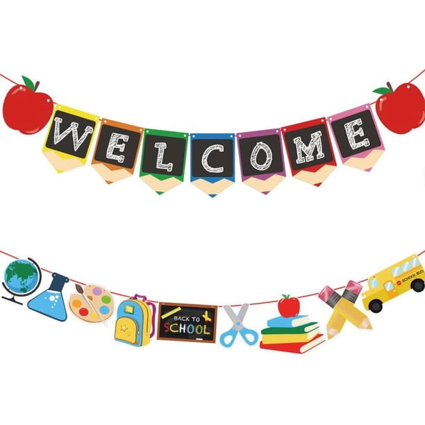 2 juegos de decoraciones de pancartas de bienvenida al colegio, letreros para el primer día de clases, guirnaldas de banderines, boletines, lápices, banderas colgantes, fondo