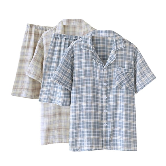 Swuxness Mens Short Sleeve Pajama 2 Piece Sets, Men's Short Pants Set, Men's Plaid Print Soft Comfortable Breathable Lightweight Warm Casual Loose Pajama Set Khaki, L