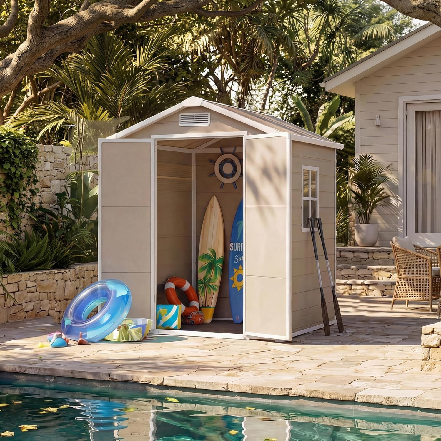 6x4 FT Outdoor Storage Shed with Floor, Plastic Resin Garden Shed with Window & Sloping Roof & Lockable Door for Patio Backyard Garden, Lawn Mower, Bike, Tool Storage