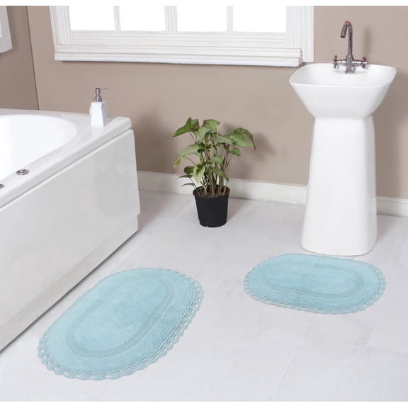 Home Weavers Hampton Crochet Bath Mat 100% Cotton Reversible Bathroom Rug Set Machine Washable Bathroom Rug-17"x24", Bath Rug- 21"x34", Aqua Color 2 Piece Bath Rug set
