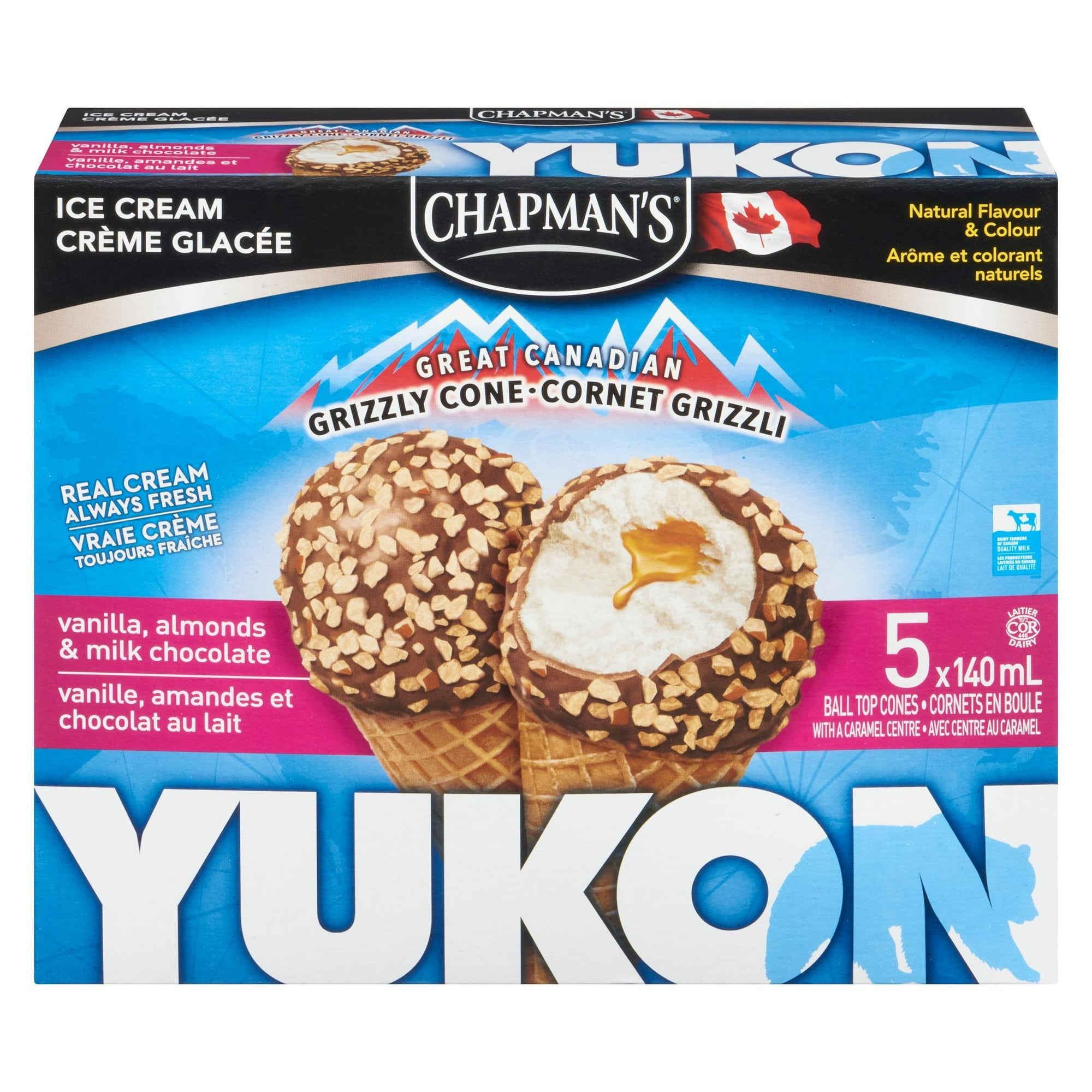 Chapman's Yukon Grizzly Vanilla and Almonds Ice Cream Cone in a Box, 5 x 140mL