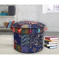 thumbnail image 2 of DK Homewares Indian Vintage Patchwork Pouf Ottoman Cover Dark Blue Round Footstool Pouffe Home Decor Cotton Embroidered Pouffe Foot Rest Floral Traditional 16x16x13 Inch - COVER ONLY, 2 of 5
