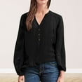 thumbnail image 2 of Pompotops T-Shirt à Manches Longues pour Femmes, Col en V, Couleur Unie, Tube Ouvert, Boutons, Mode Décontractée Rétro, Hauts, Blouse, 2 of 5