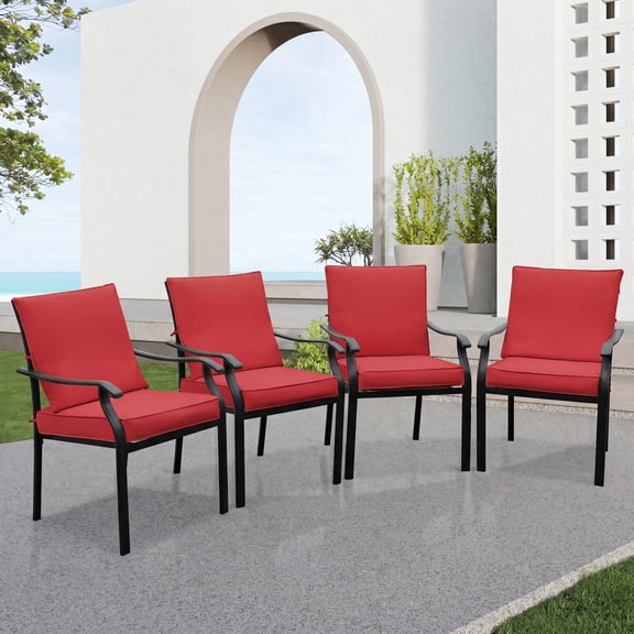 4 Pieces Patio Dining Chairs, Outdoor Metal Chairs with Armrests & Cushion, Metal Frame Stackable Patio Dining Chairs, Wrought Iron Outdoor Chairs for Garden, Balcony, Deck (4 Pieces, Red Cushions)