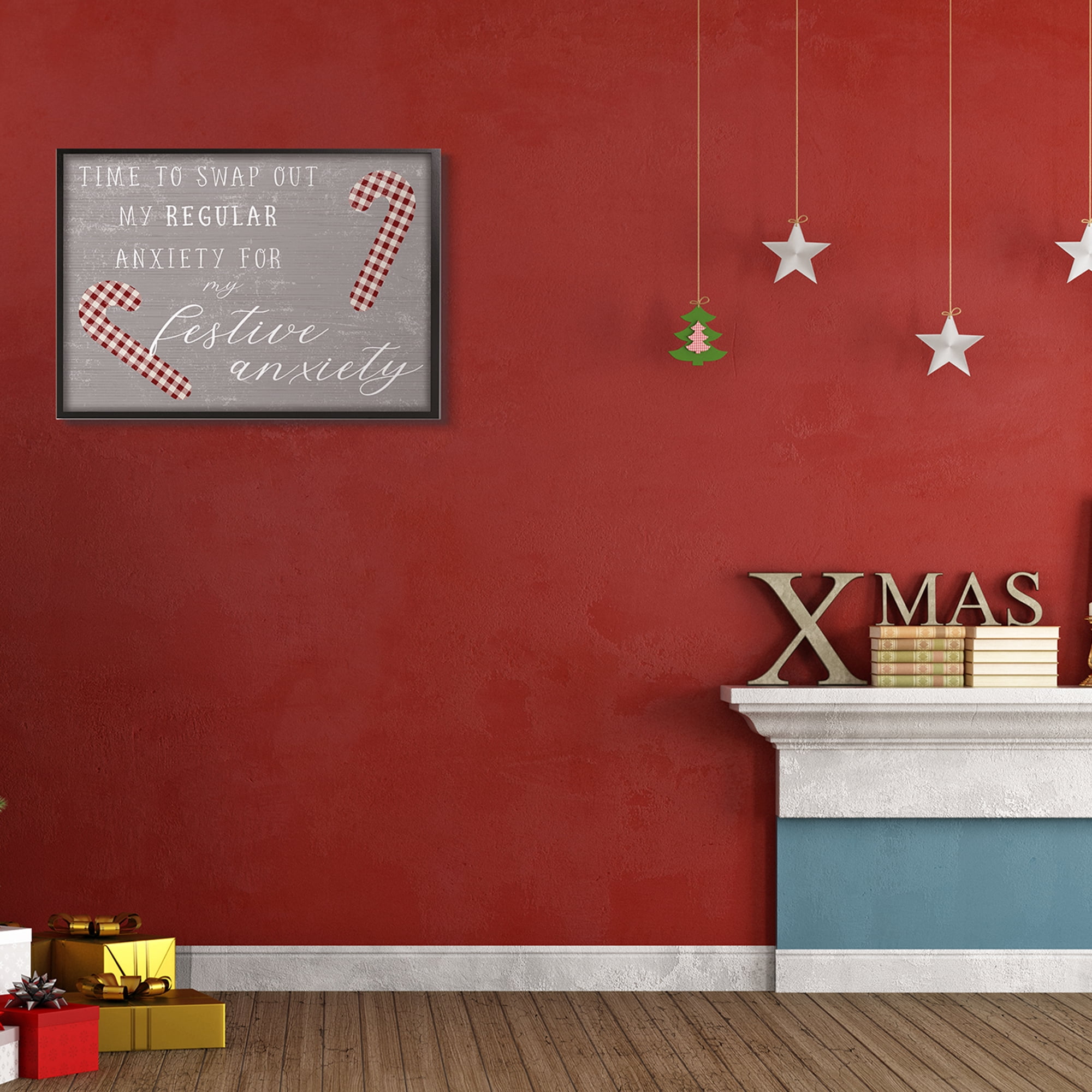 Stupell Industries Festive Anxiety Time Chistmas Saying Plaid Candy Canes Inspirational Painting Black Framed Art Print Wall Art, 24 x 30