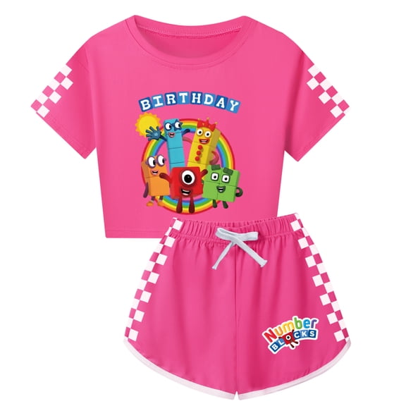 Kids Girls Number Block Letter Cartoon Graphics Printed Costume Sweatsuits Short Sleeve T-shirt&Shorts Athletic Outfit Summer Jogging Tracksuit 2 Piece Casual Tops Tees Sport Set Clothes Gift 3-13