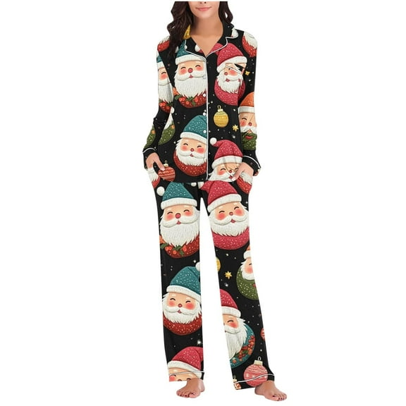 Christmas Pajamas Sets for Women Long Sleeve Holiday Graphic V Neck Button Down Length Pants Two Piece PJS Multicolor L