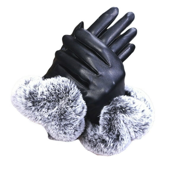 YOUSNH Women Lady Black Leather Gloves Autumn Winter Warm Rabbit Fur Mittens Gloves for Women Black One Size