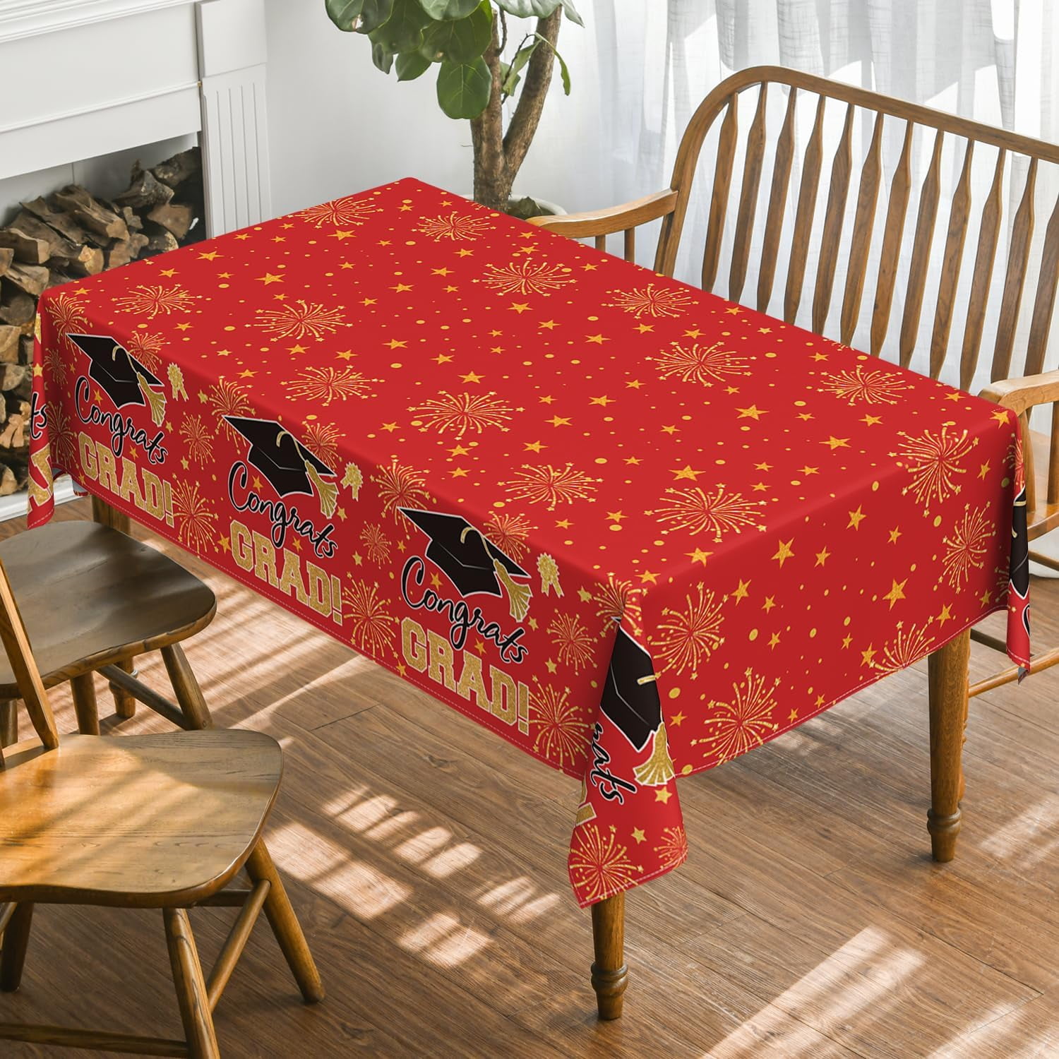 Graduation Rectangular Tablecloth 60×84 Inch, Red Gold Bachelor Grad Cap Washable Table Cover for Party Picnic Dinner Decor